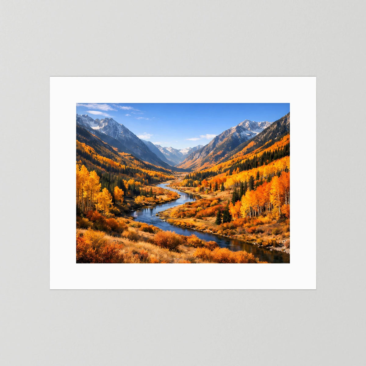 Wandbild im Querformat mit Bergtal und Fluss im Herbst, weißes Passepartout