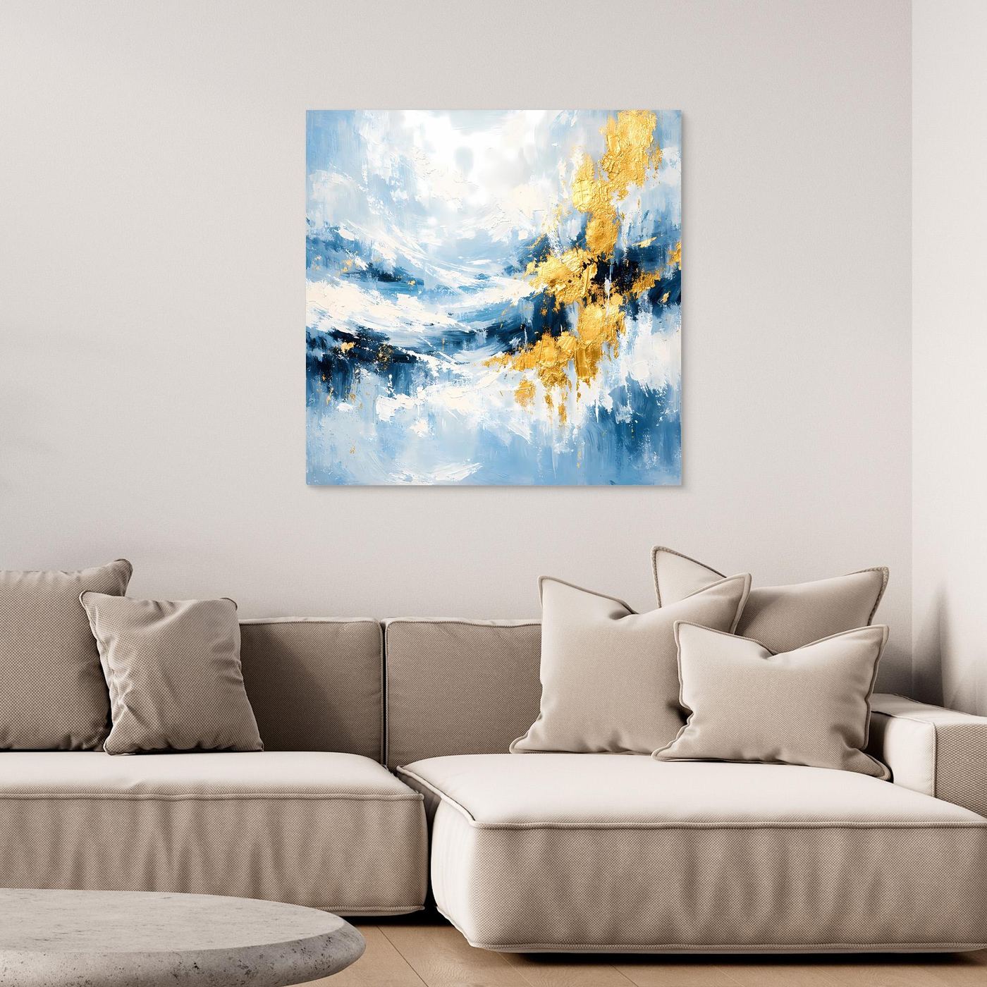 Abstraktes Leinwand-Wandbild mit Meerlandschaft in Türkis und goldfarbenen Akzenten