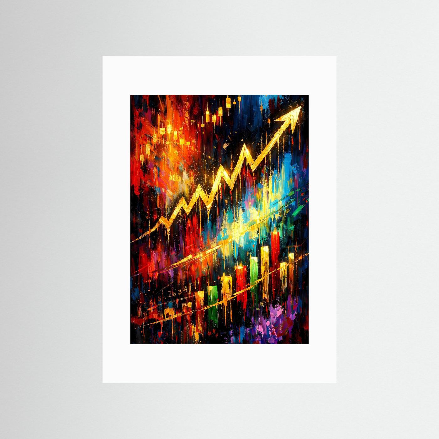 Hochformatiges Kunstposter mit abstraktem Börsen-Chart in Gold, Rot und Blau, weiß hinterlegt