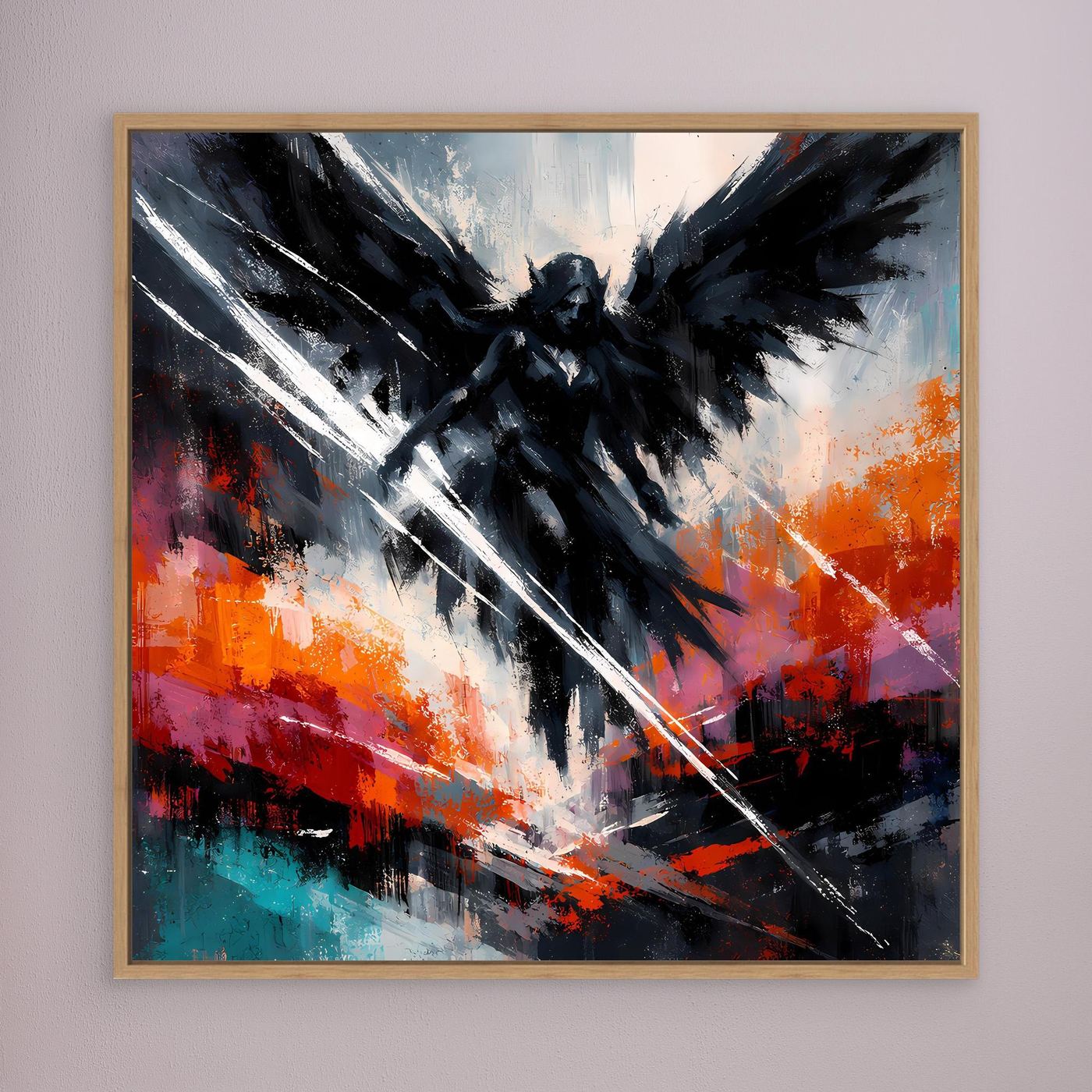 Fantasy-Wandbild: schwarzer geflügelter Engel, abstrakt Orange/Türkis, silberne Streifen, Holzrahmen