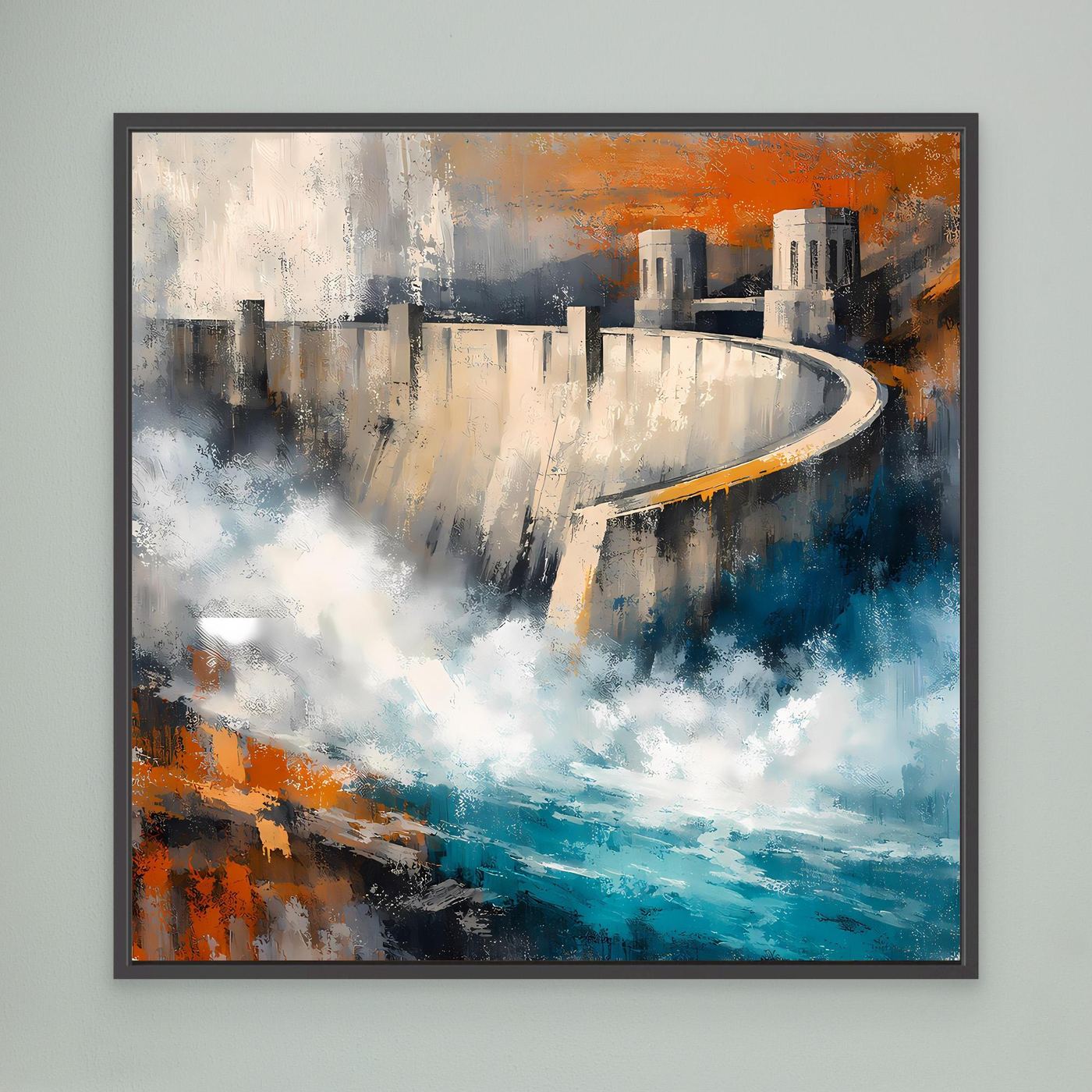 Abstraktes Leinwand-Wandbild mit schwarzem Rahmen, Talsperre in Blau-Orange-Tönen