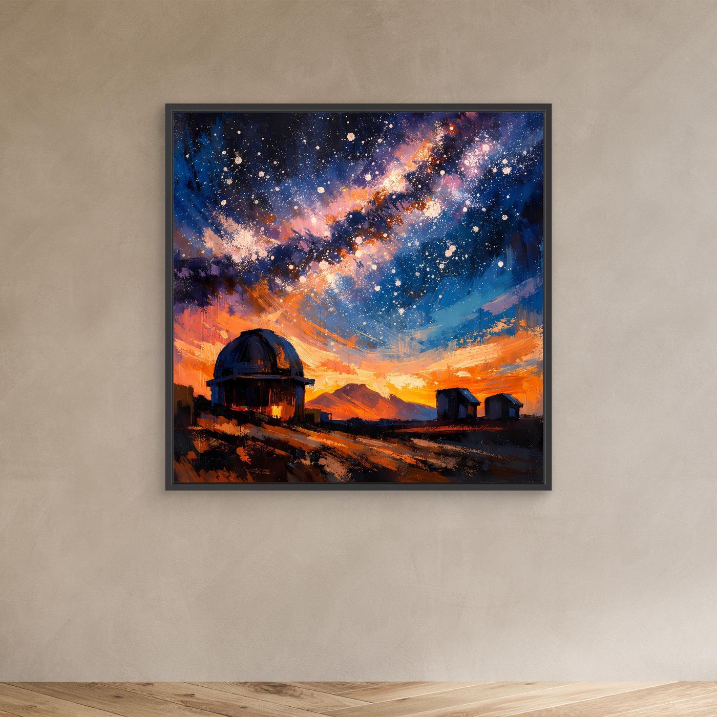 Leinwand-Wandbild im schwarzen Rahmen mit Sternenhimmel, Milchstraße und Sternwarte