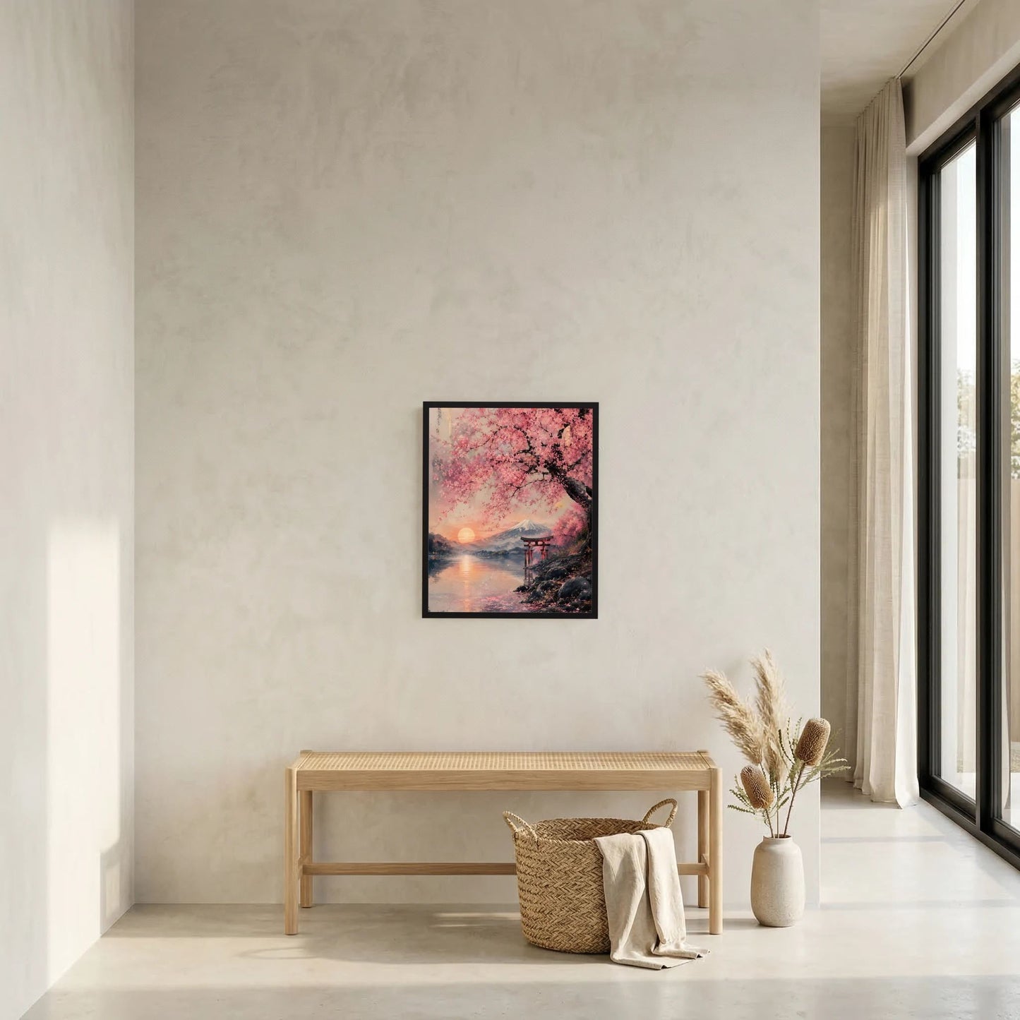 Rahmenposter im Hochformat mit Kirschblütenzweig, Fuji-Landschaft und Torii bei Abendsonne