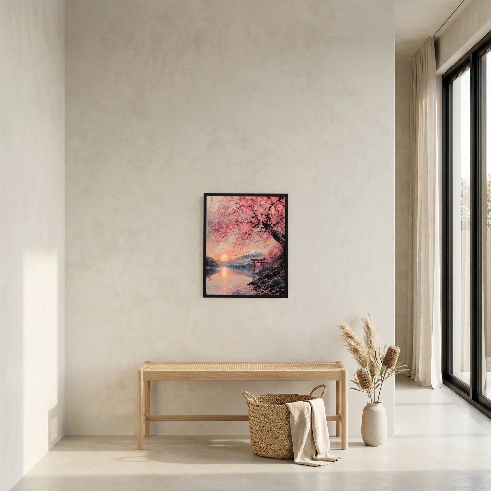 Rahmenposter im Hochformat mit Kirschblütenzweig, Fuji-Landschaft und Torii bei Abendsonne