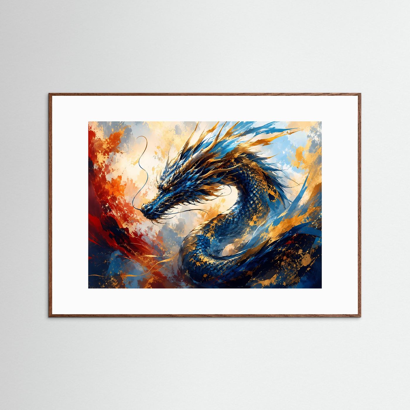 Fantasy-Wandbild mit blauem Drachen in Gold & Feuer, kräftige Flammen im Querformat