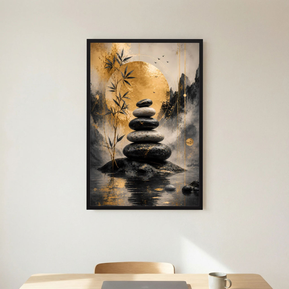 Hochformat-Poster im schwarzen Rahmen: dunkle Steinsäule vor goldenem Kreis und Bambus