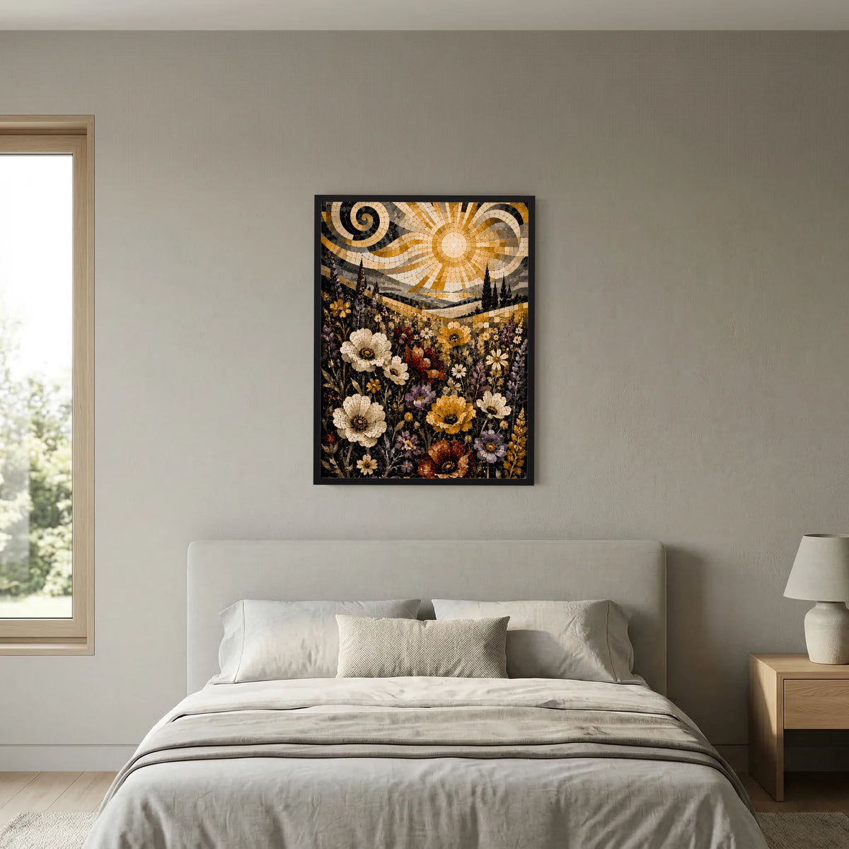 Quadratisches Poster mit Mosaikblumenwiese, goldener Sonne und Spiralmotiven
