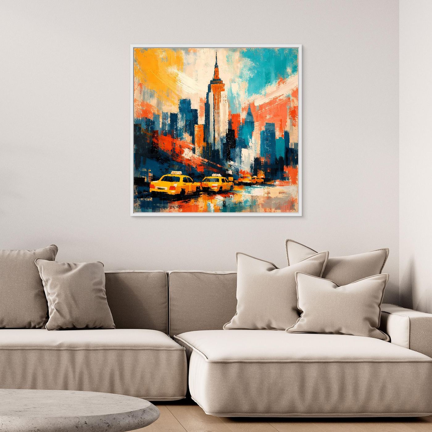 Abstraktes Leinwand-Wandbild mit New-York-Skyline und gelben Taxis, quadratisch