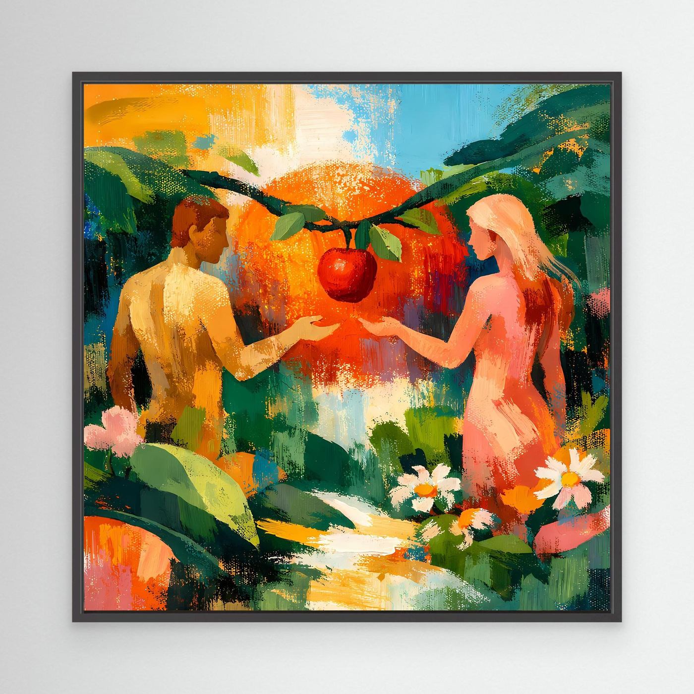 Abstract garden Eden wall canvas with black frame, two nude figures and red fruit