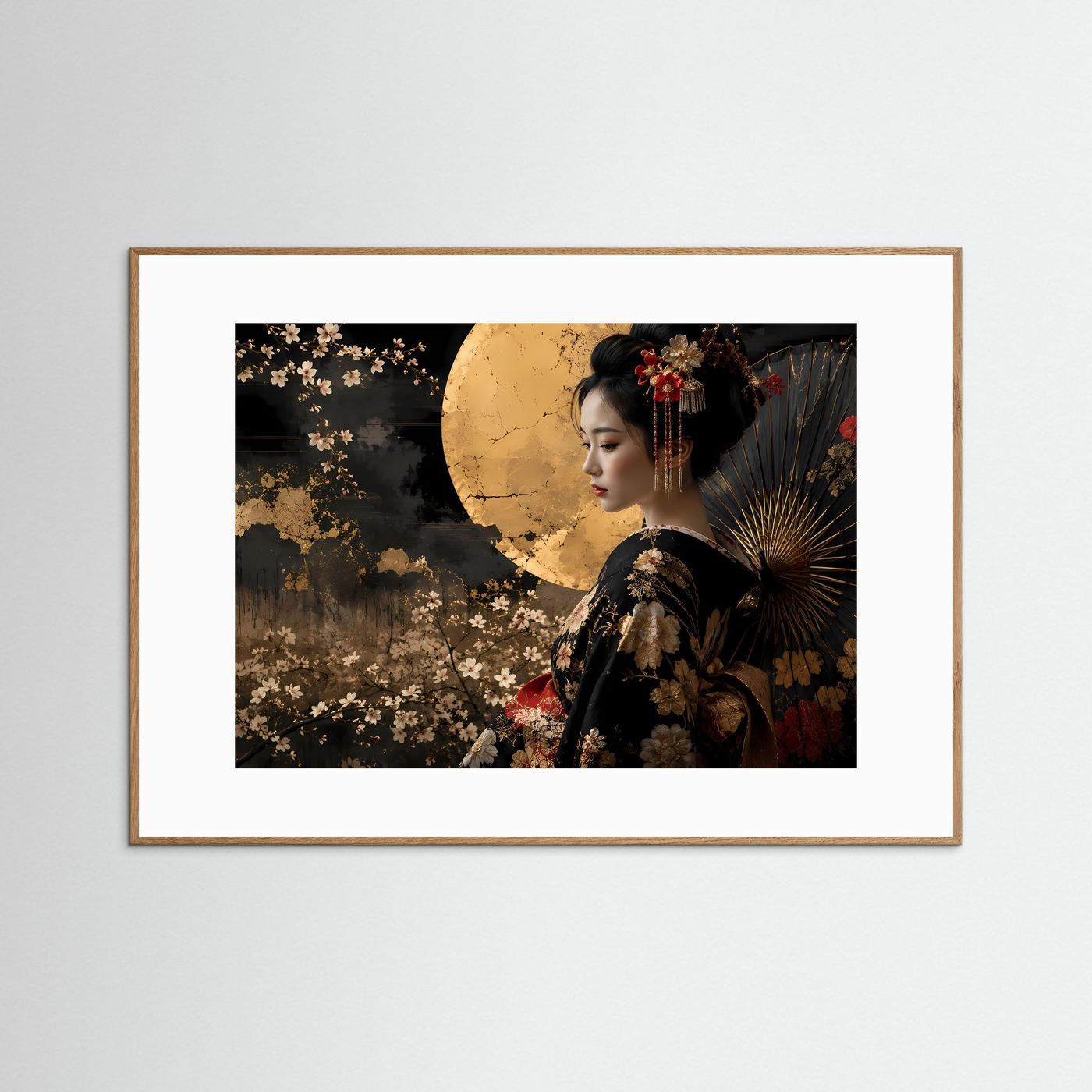 Elegante Geisha mit goldenem Vollmond | Japanische Kunst & Kimono Poster