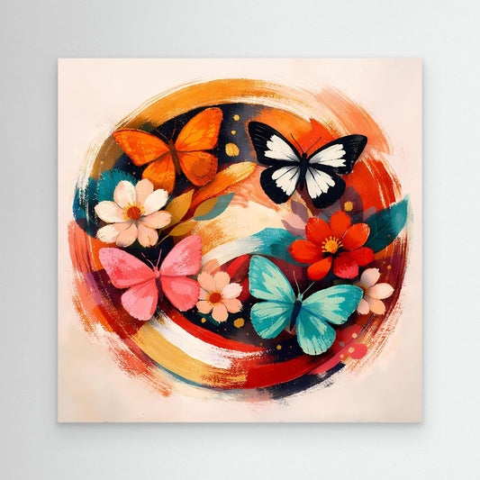 Leinwandbild mit rundem Motiv: bunte Schmetterlinge und Blumen