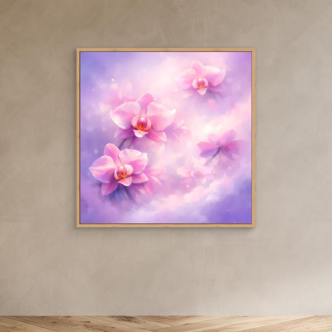 Leinwandbild mit pastellfarbenen Orchideen, goldbraunem Rahmen