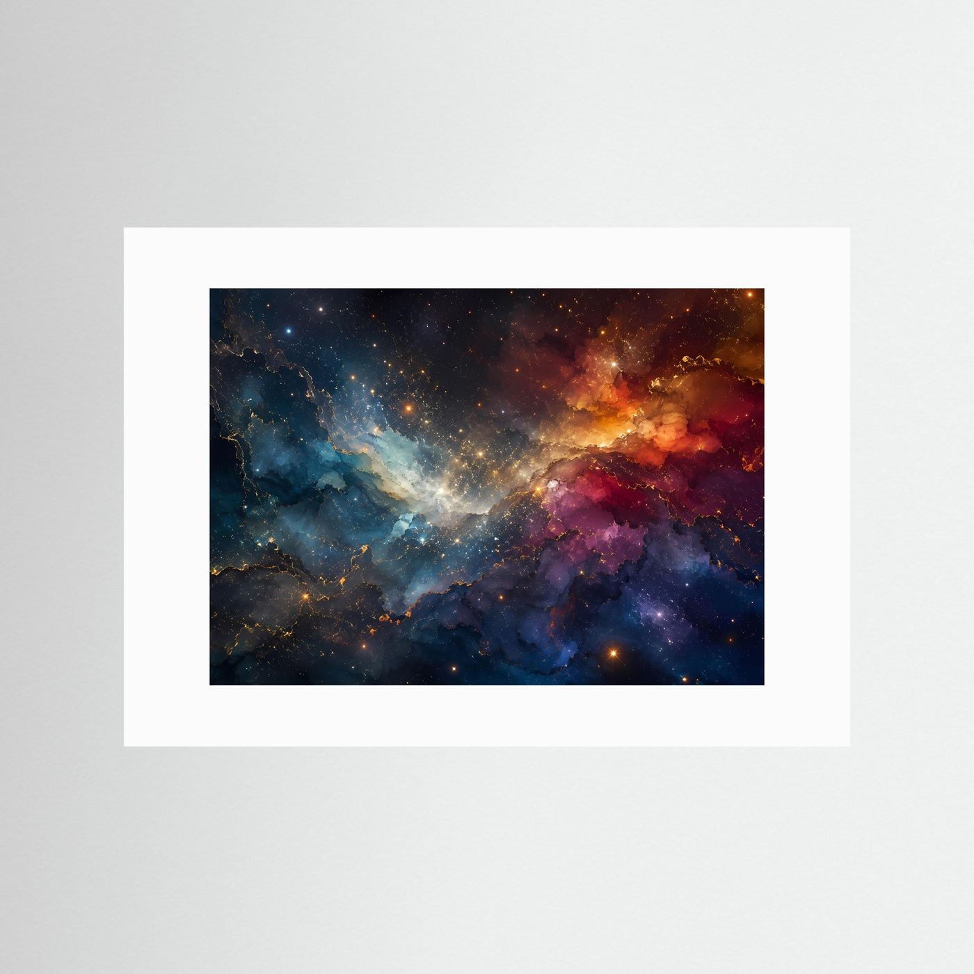 Abstrakte Galaxy-Wandkunst mit weißem Passepartout, blau-violetter Kosmos mit goldenen Punkten