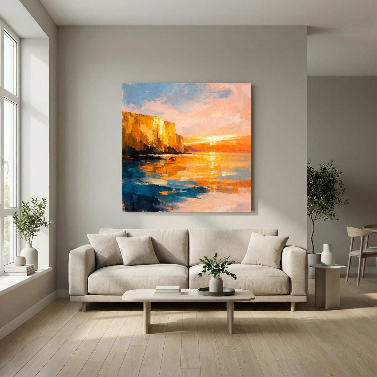 Leinwand-Wandbild mit abstrakter Küste, Sonnenuntergang in Orange und Blau, ruhiges Wasser