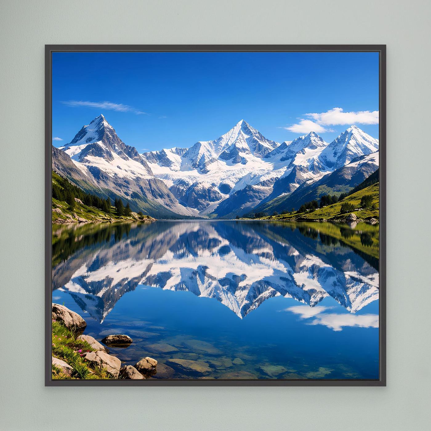 Leinwandbild Alpen-Bergsee mit Spiegelung und Bergpanorama, schwarz gerahmt