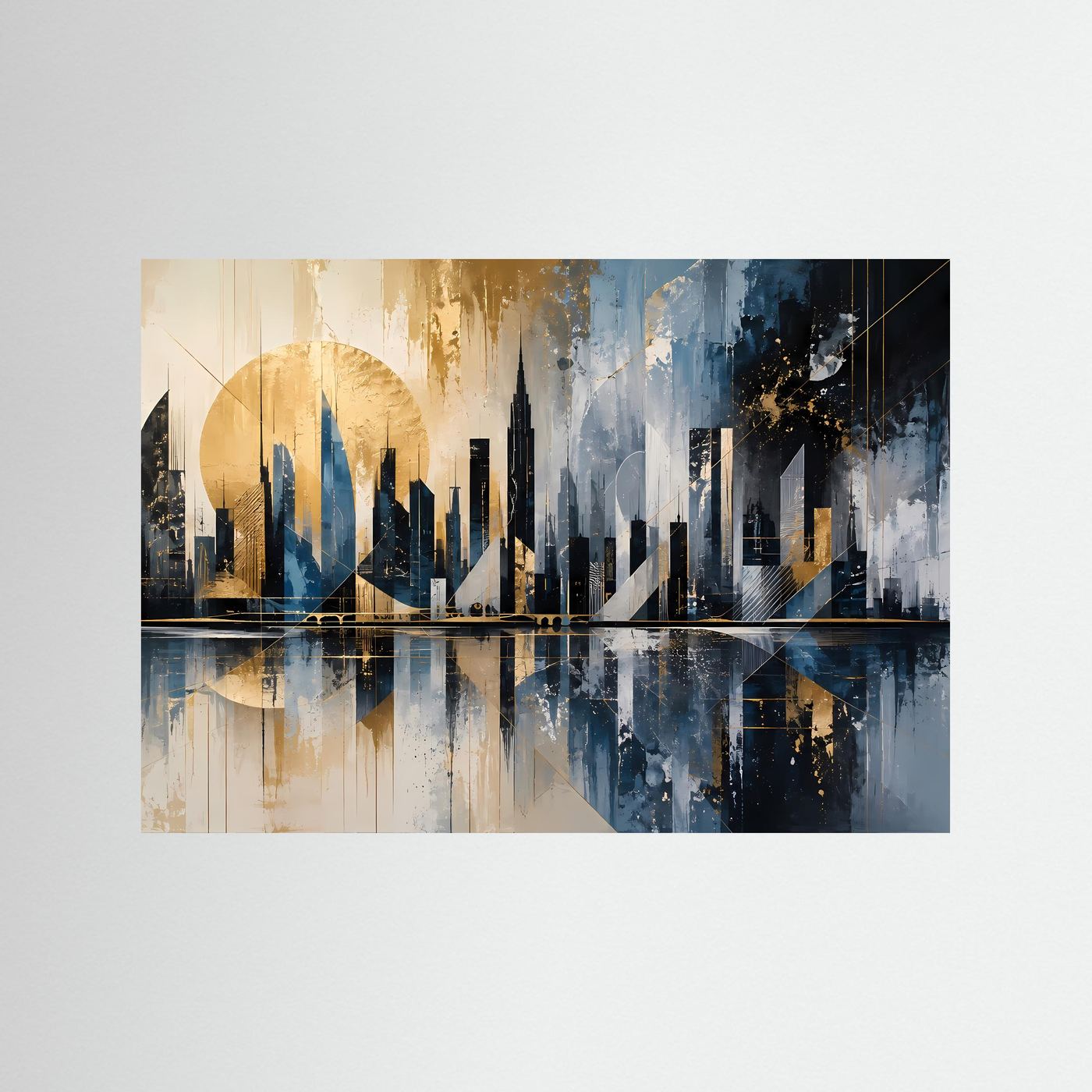 Abstrakte Skyline in Blau, Gold & Schwarz | Moderne Stadtlandschaft mit Spiegelung