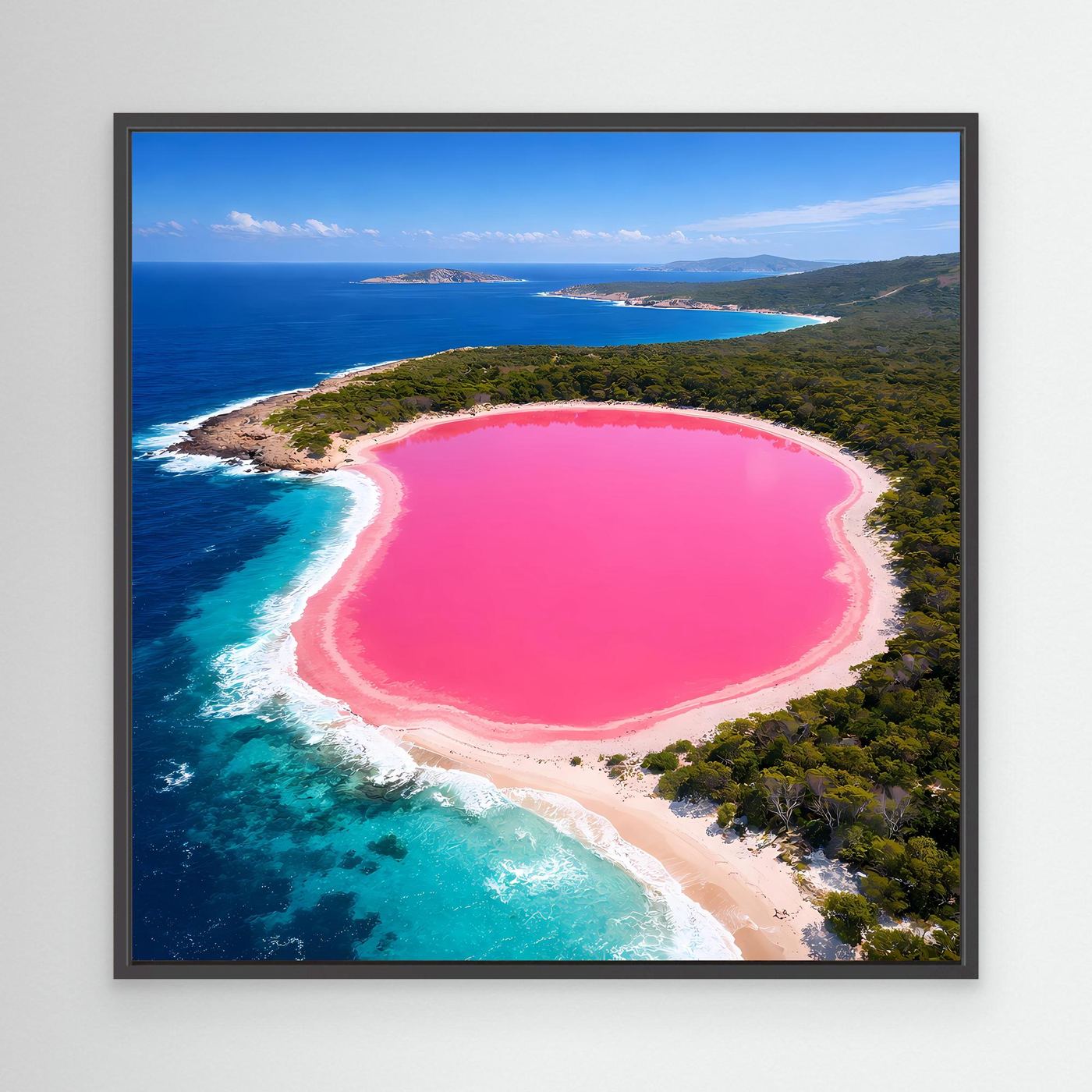 Leinwandbild mit rosa See und Küstenlinie im Querformat, schwarzer Rahmen