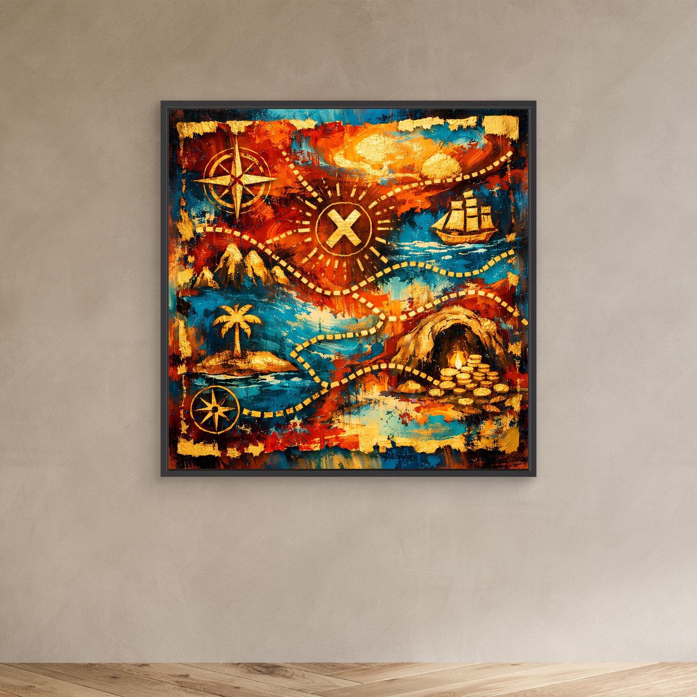 Leinwandbild mit Schatzkarte im schwarzen Rahmen: Kompassrose, X-Zeichen, Pfade, Schiff, Münzen