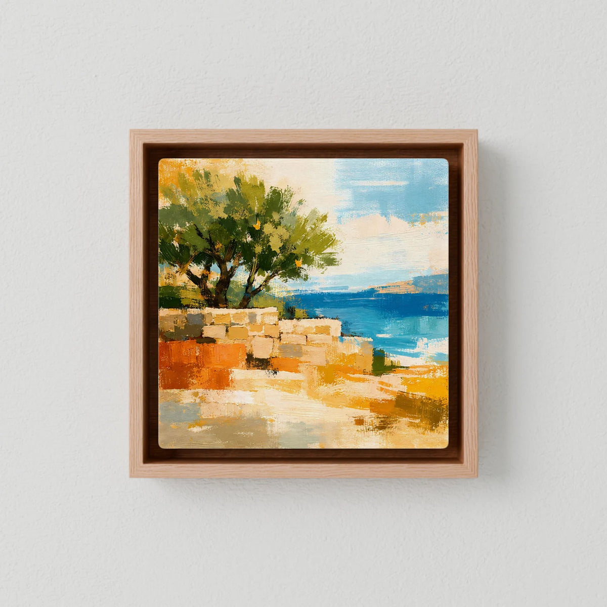 Gerahmtes Leinwandbild mit Olivenbaum, Steinmauer und blauem Meer (Holzrahmen)
