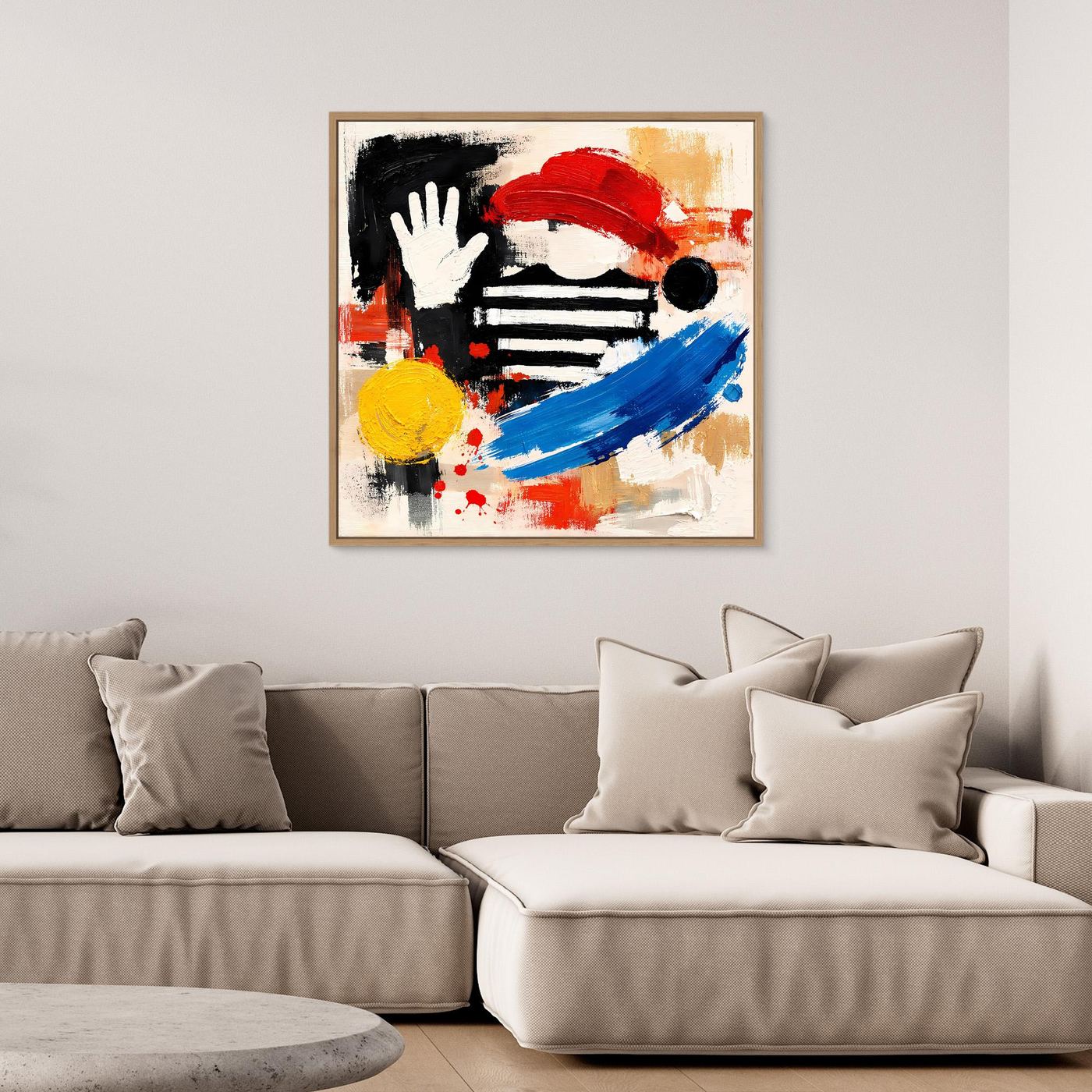 Abstract pop art canvas wall print with hand and stripes in red, blue, yellow, oak frame