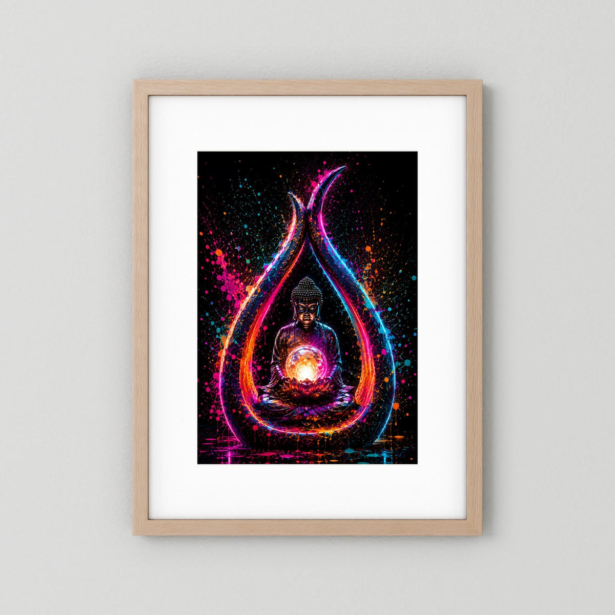 Buddha in Neonfarben | Meditation mit leuchtender Lotusblüte | Poster Hochformat