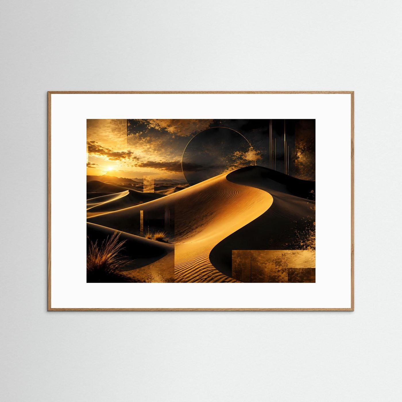 Poster mit gold-schwarzer Wüstenlandschaft im hellen Holzrahmen, Querformat