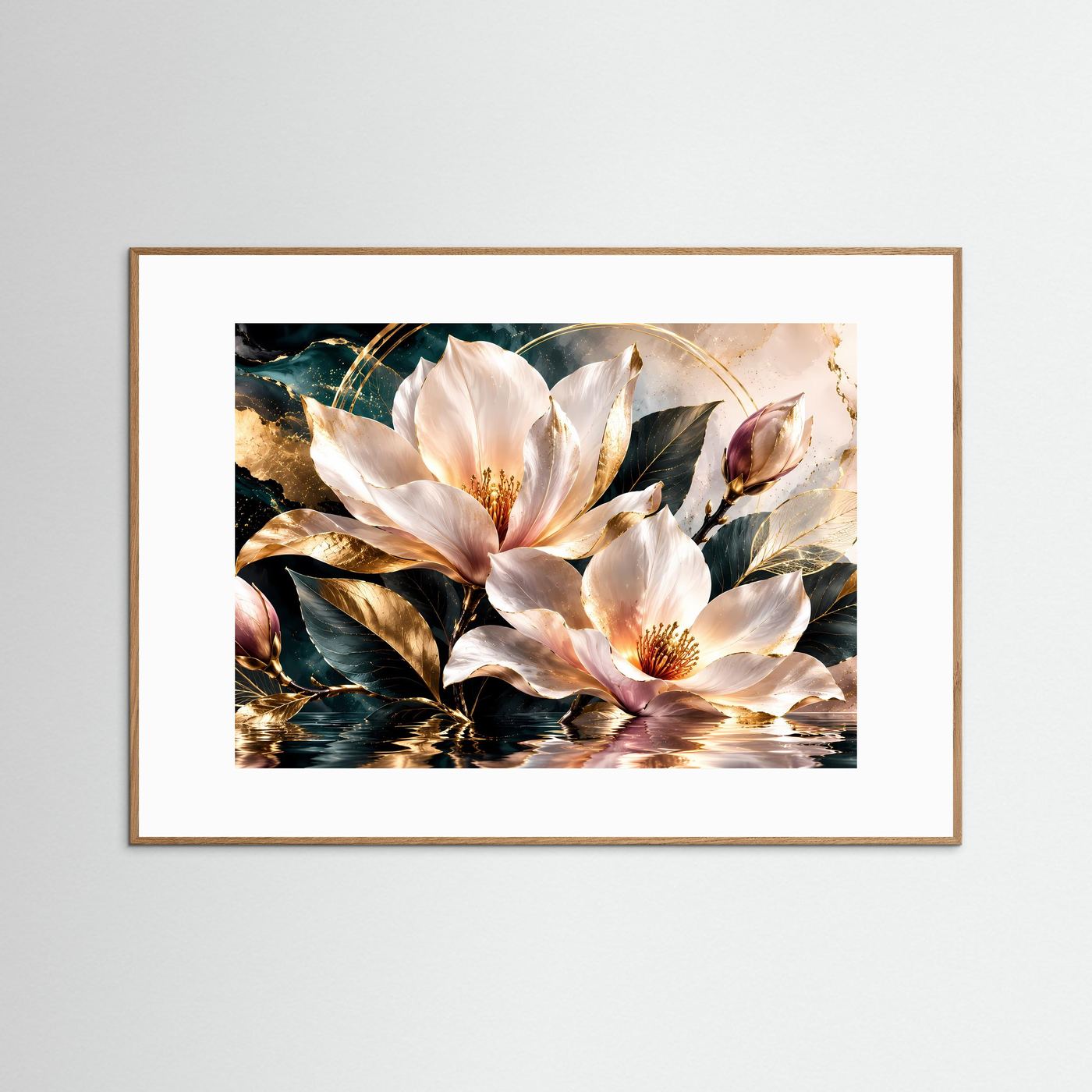 Magnolienblüten Poster | Elegante Botanische Wandkunst | Weiße Magnolie mit Gold | Luxuriöse Blumen Leinwand | Moderne Floral Art