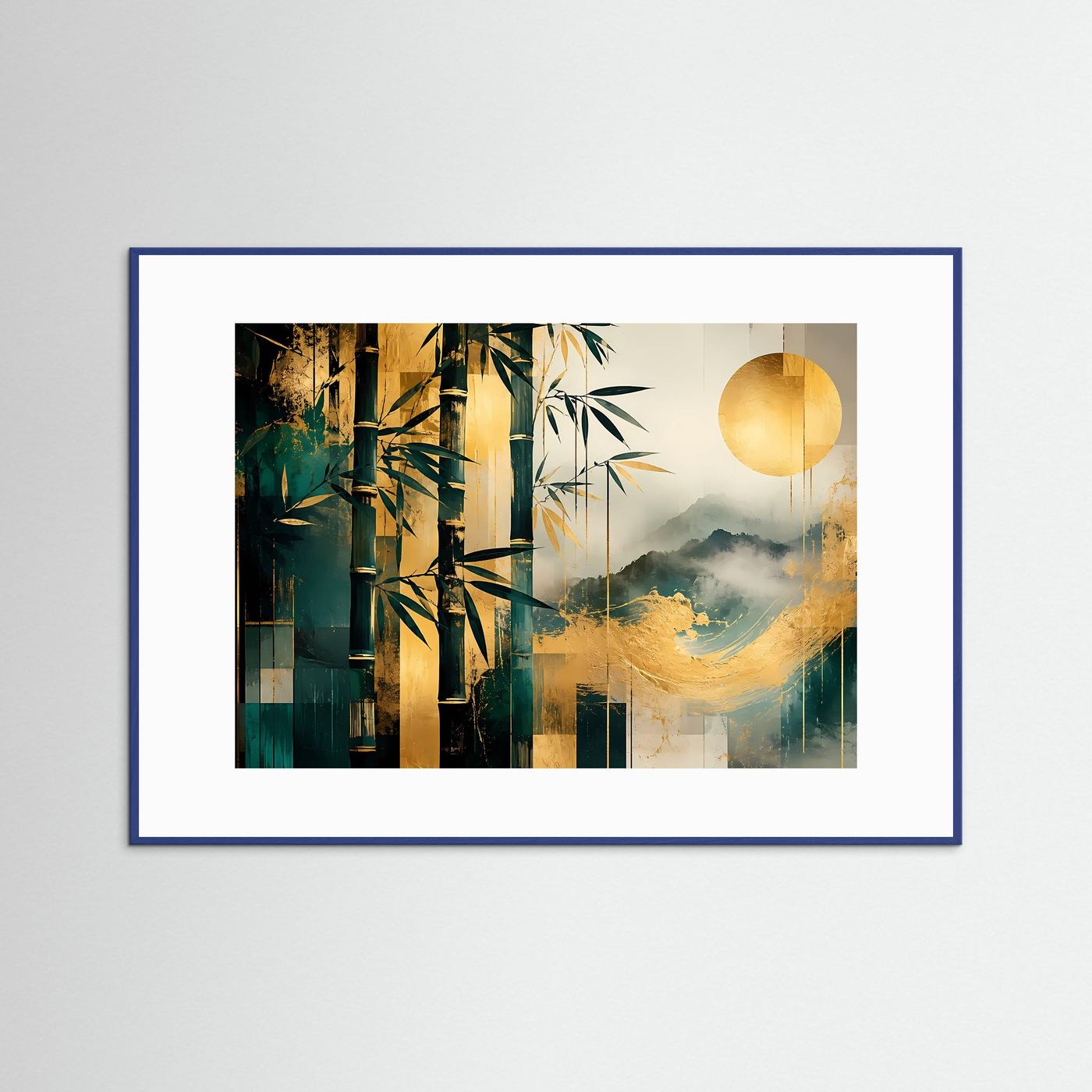 Bambus Gold Poster | Japanische Landschaft Wandbild Modern | Abstrakte Zen Kunst mit Bergen und Sonne