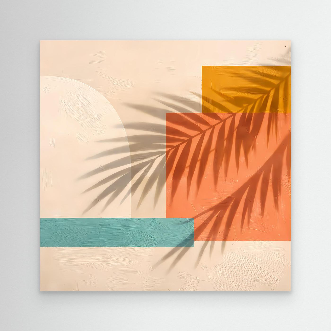 Leinwand Abstrakte Geometrie mit Palmenschatten | Modernes Boho Wandbild Terracotta