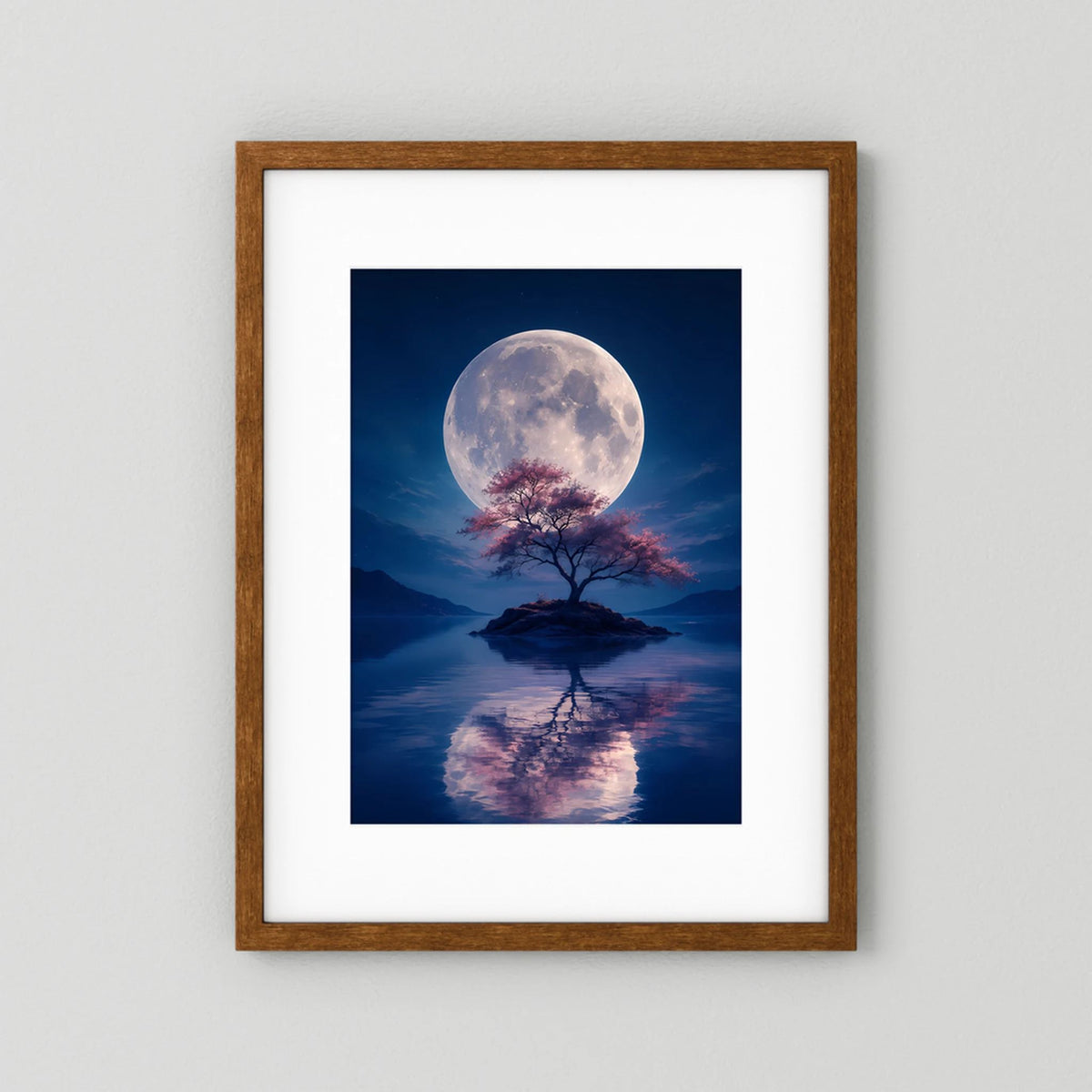 Braun gerahmtes Hochformat-Poster mit hellem Rand: Vollmond über Bauminsel und Reflexion