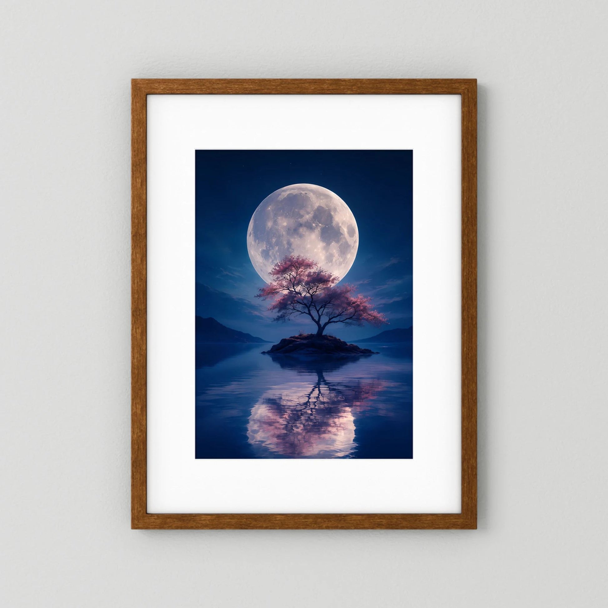 Braun gerahmtes Hochformat-Poster mit hellem Rand: Vollmond über Bauminsel und Reflexion