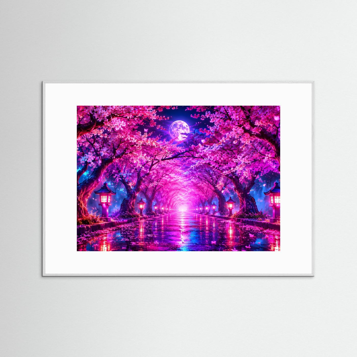 Kirschblüten Allee Wandbild Neon | Japan Poster Sakura Nacht | Leuchtender Vollmond | Fantasy Landschaft | Moderne Leinwand Wandkunst