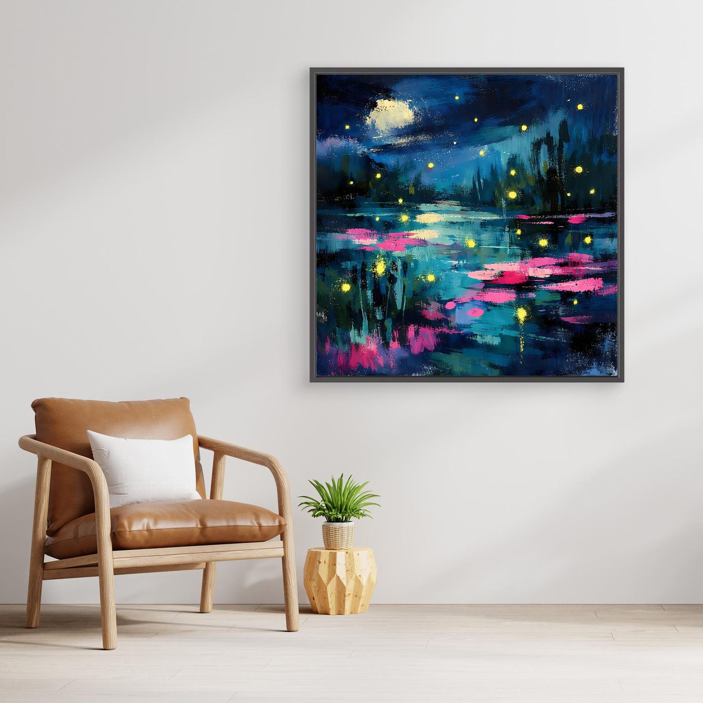 Framed abstract moonlit lake wall art with firefly lights and magenta water reflections