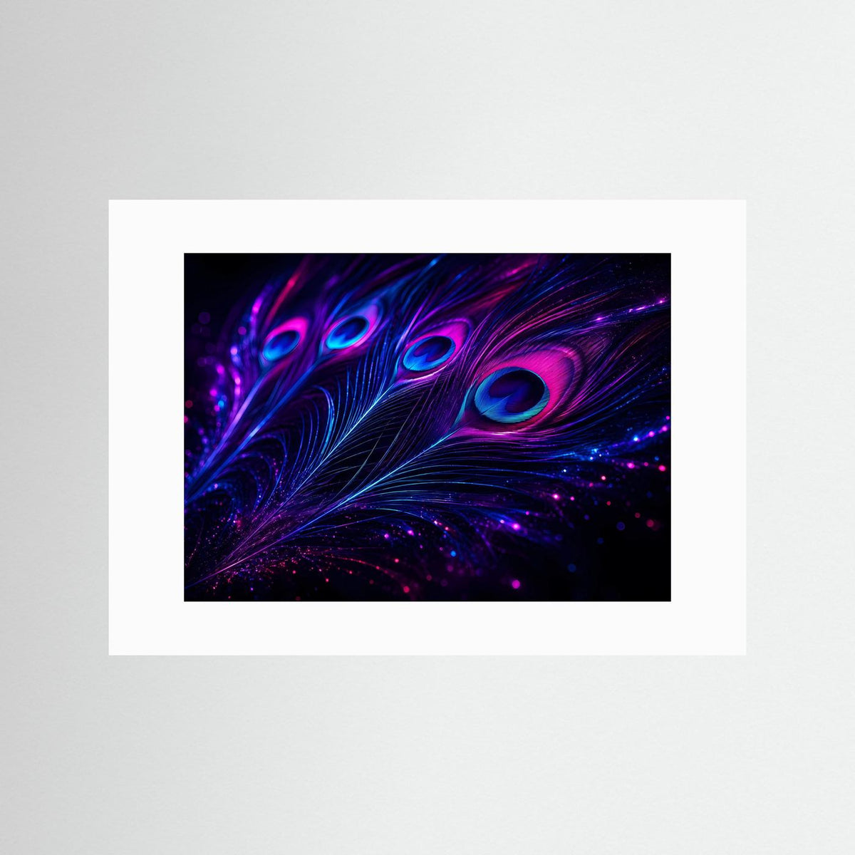 Leuchtende Feder-Wandkunst mit weißem Passepartout und magenta-blauen Peacock-Federn