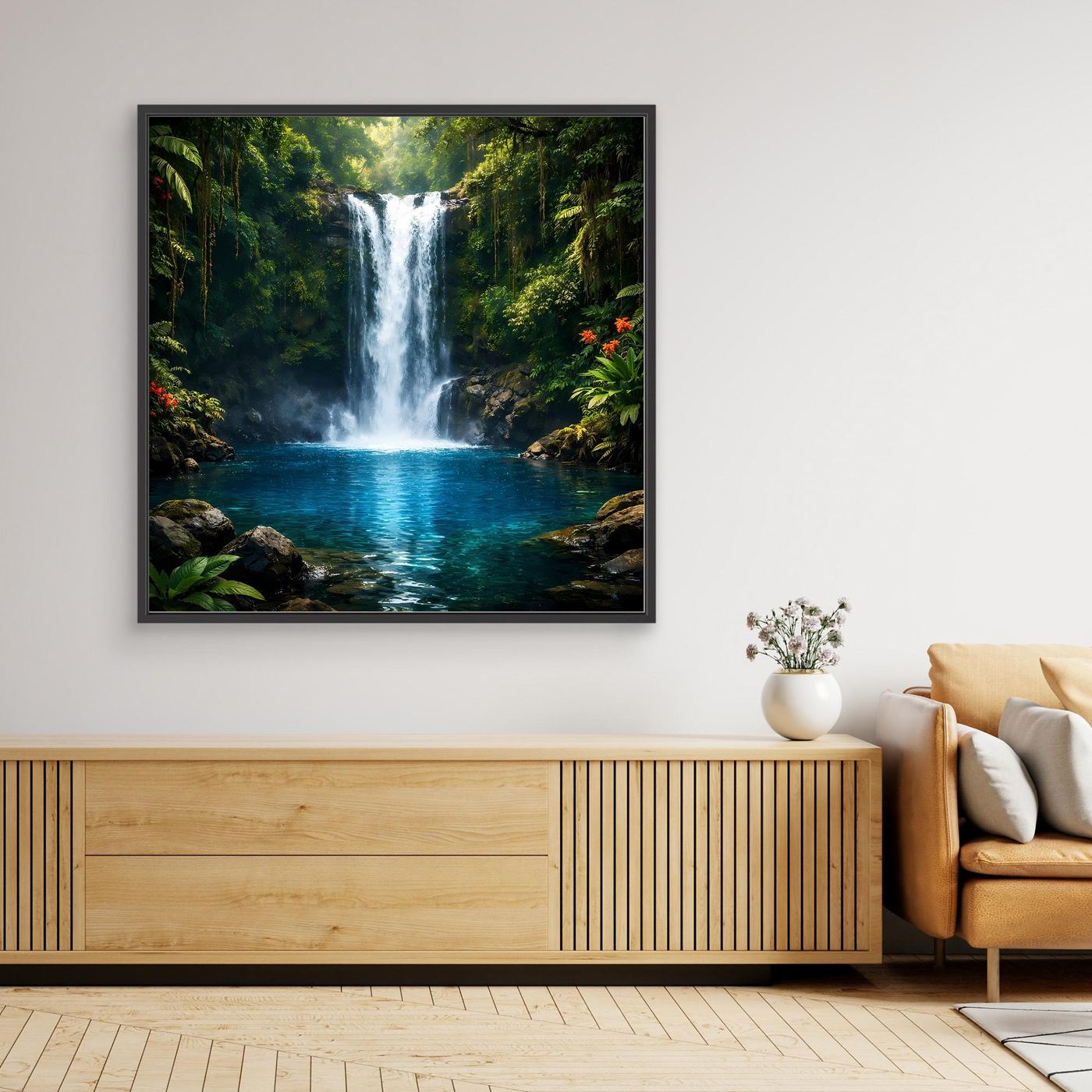 Gerahmtes Leinwandbild: Wasserfall im Dschungel, türkisblauer Pool, schwarzer Rahmen.