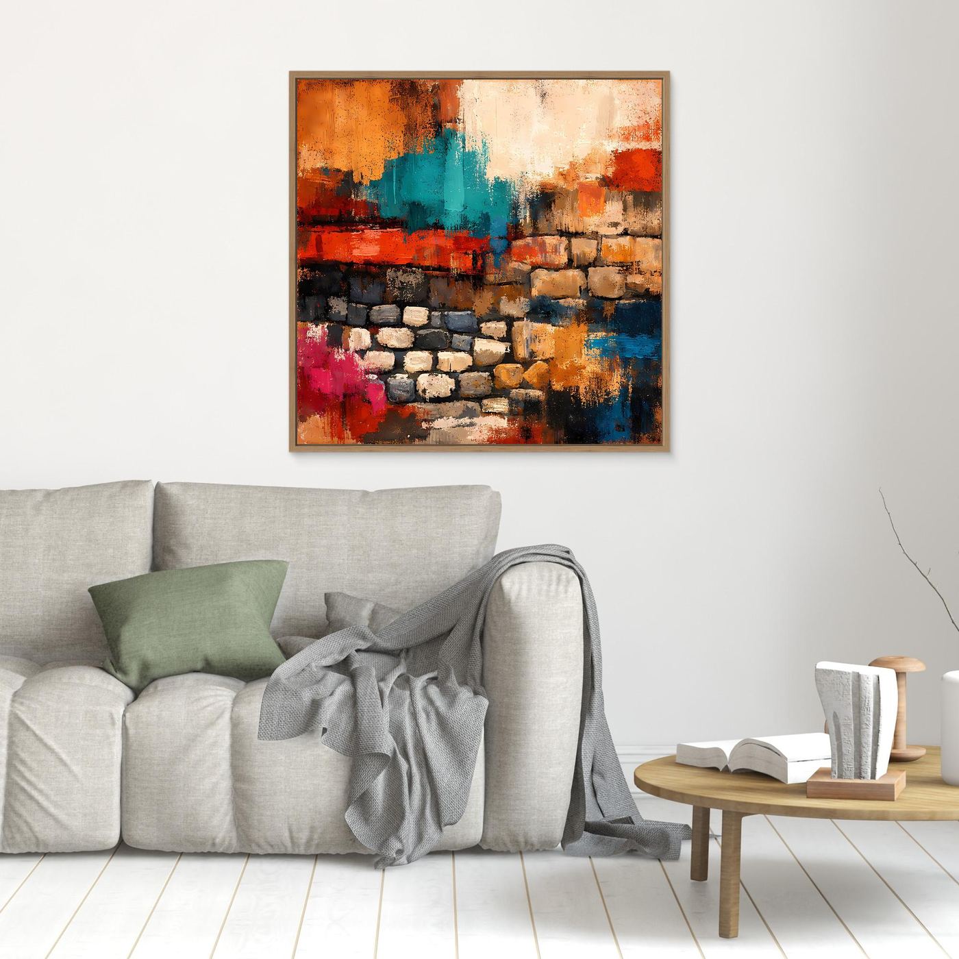 Kleines Leinwand-Wandbild mit abstrakter Steinmauer, Orange-, Türkis- und Blautöne, braun gerahmt