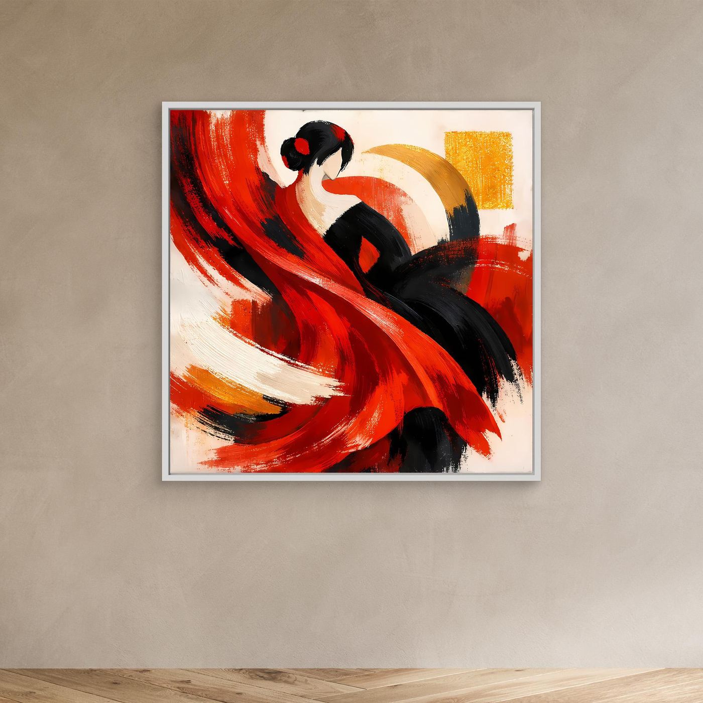 Leinwandbild mit abstrakter Flamenco-Tänzerin in Rot und Schwarz, weißer Rahmen