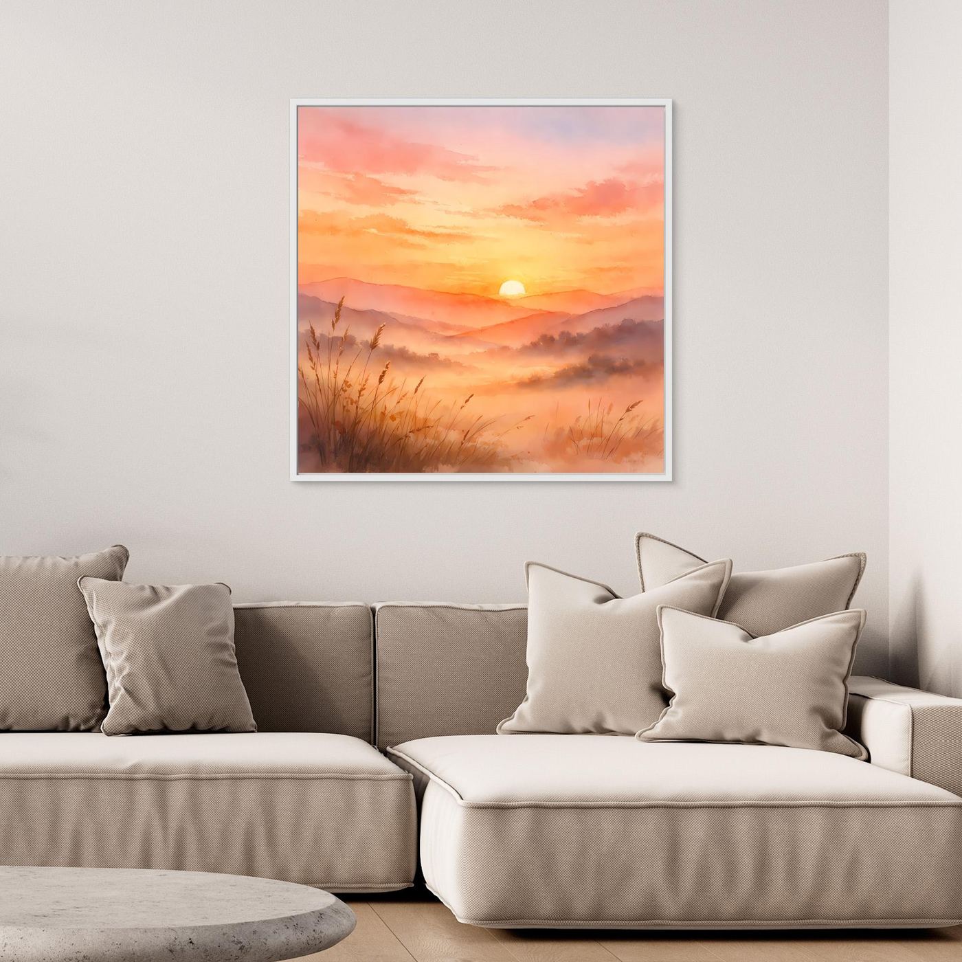 Leinwandbild mit weißem Rahmen, warmes Aquarell Sonnenuntergang über Bergen und Nebel