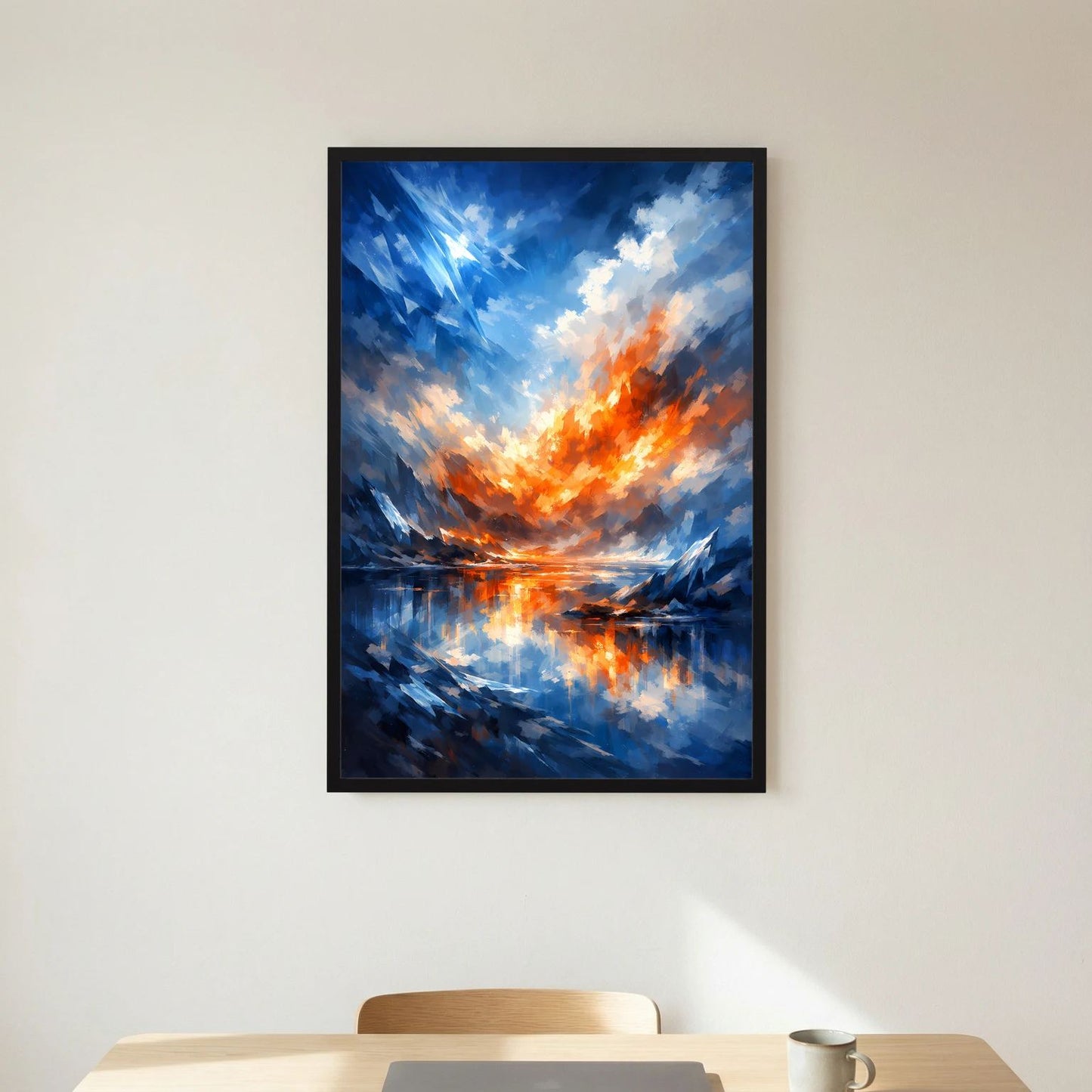 Hochformat-Poster mit abstrakter Landschaft in Blau und Orange, zentriert im schwarzen Rahmen.