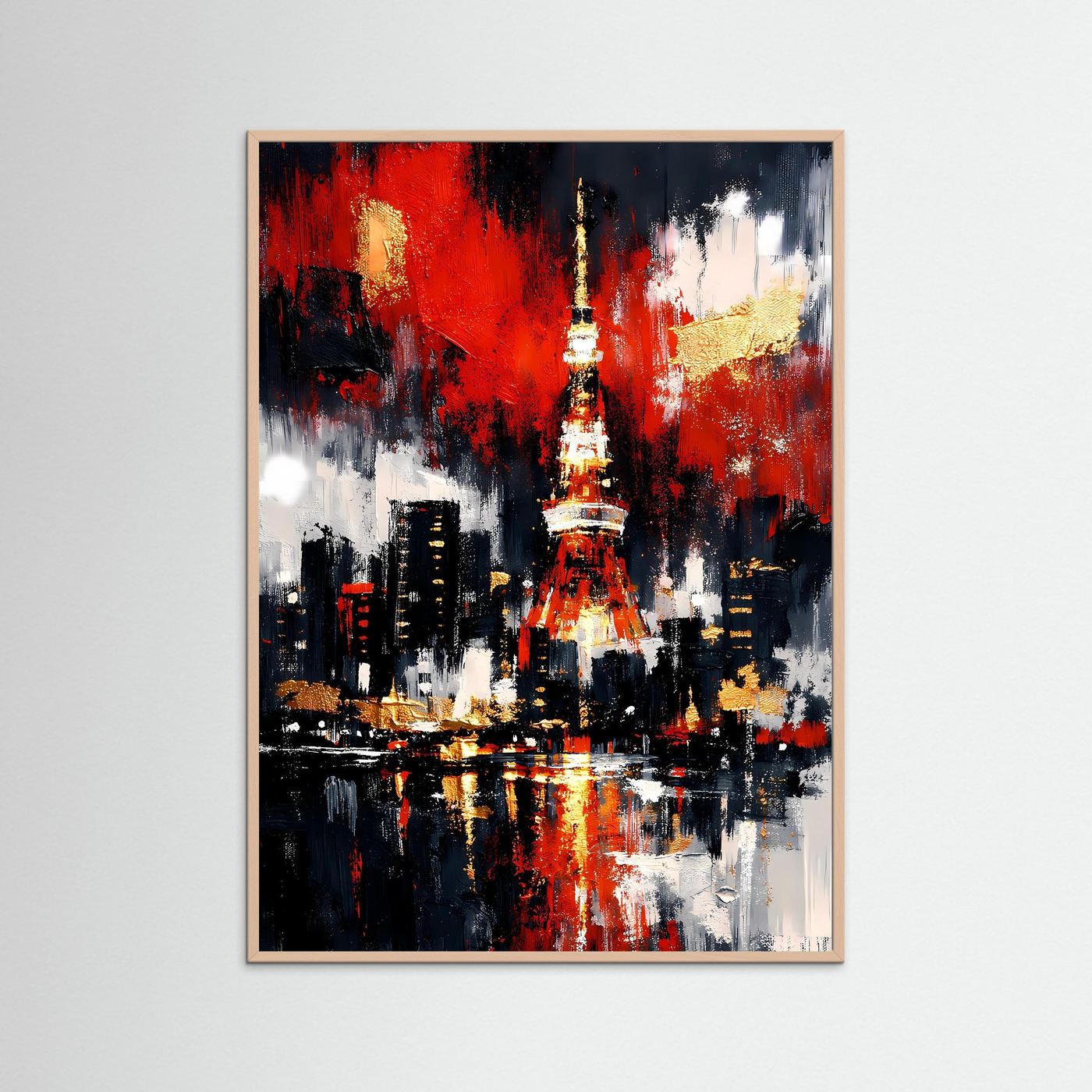 Abstraktes Skyline-Poster mit rotem und goldenem Turm, schwarzer Stadt und Spiegelung; roséfarbener Rahmen