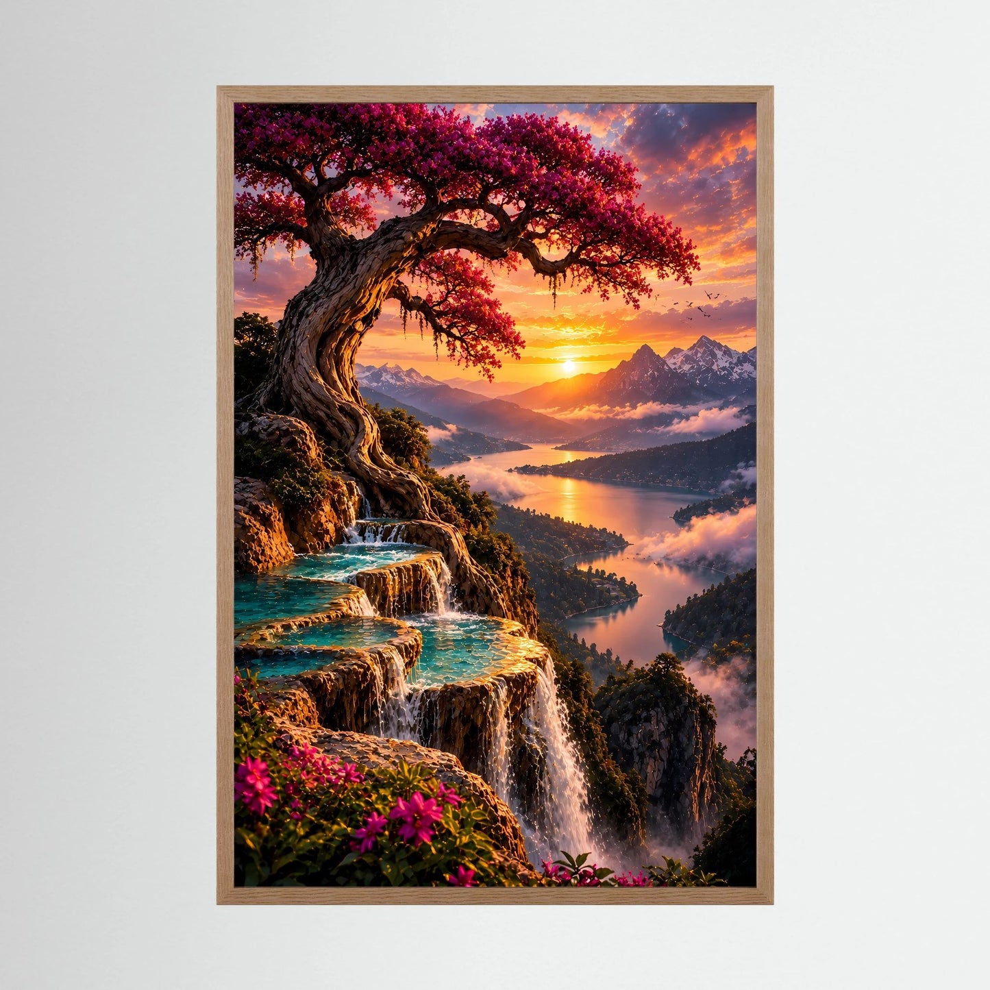 Magischer Baum über Bergsee | Wasserfälle im Sonnenuntergang | Poster Hochformat