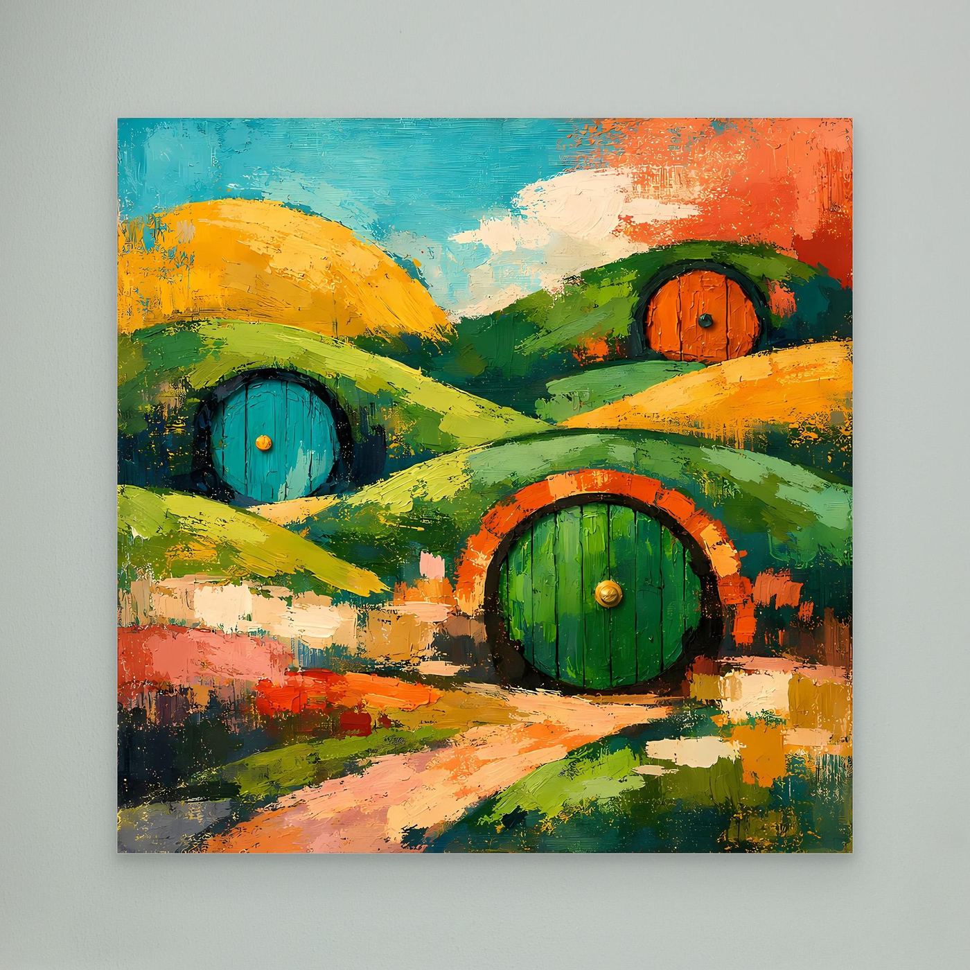 Abstraktes Leinwand-Wandbild mit Hügeln, drei runden Türöffnungen, grün-gelb-orangen Farben