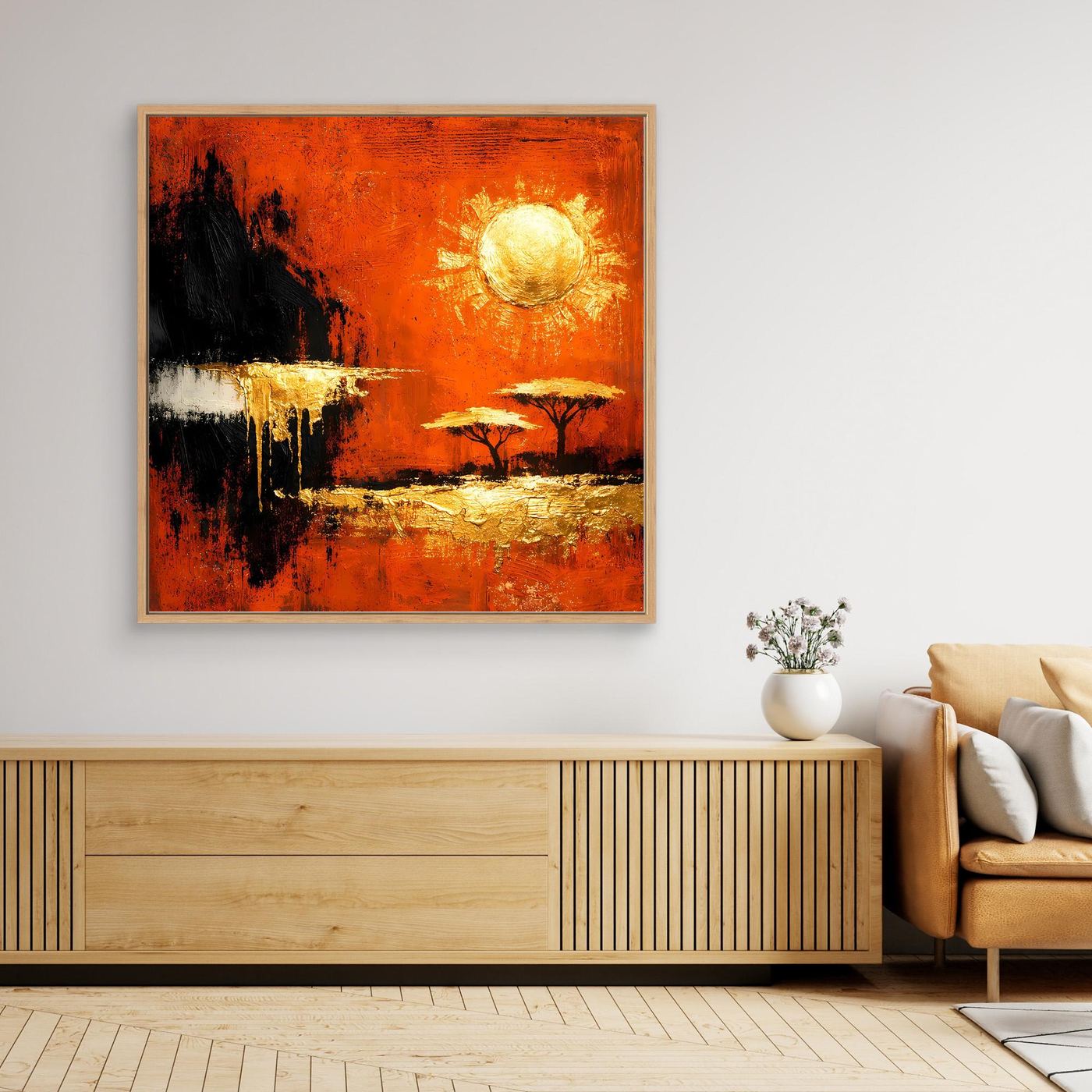 Leinwand Abstrakte Savanne bei Sonnenuntergang | Modernes Afrika Wandbild in Rot und Gold