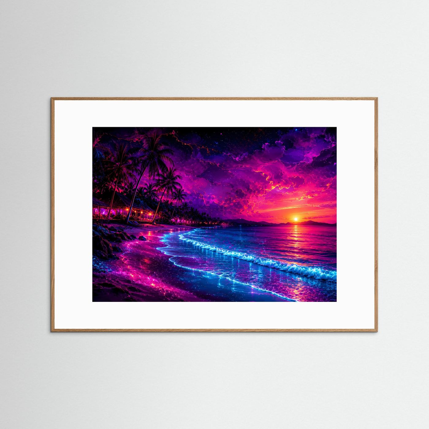 Neon Tropenparadies am Strand | Vibriendes Synthwave & Sunset Poster Querformat