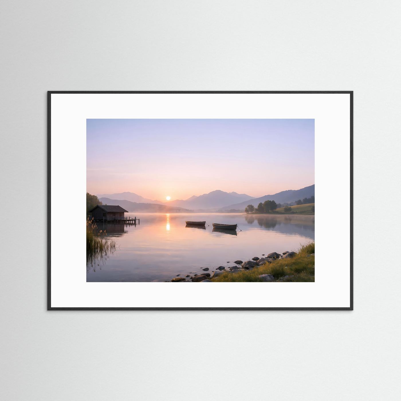 Sanfter Sonnenaufgang am Steg | Boote & See Panorama Poster Querformat