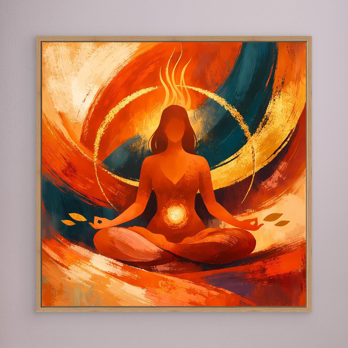 Leinwandbild mit sitzender Meditationsfigur in Orange-Rot und Blau, abstraktes Yoga Motiv, Eiche-Rahmen