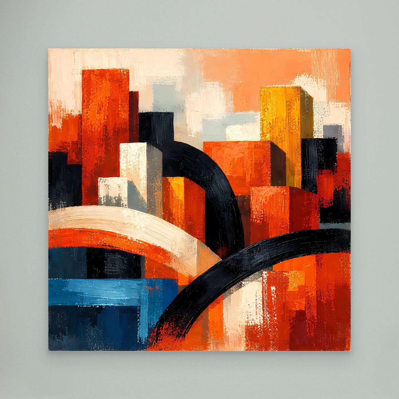 Leinwandbild mit abstrakter Skyline, orange-rote Gebäudeblöcke, blaue Fläche und schwarze Bögen
