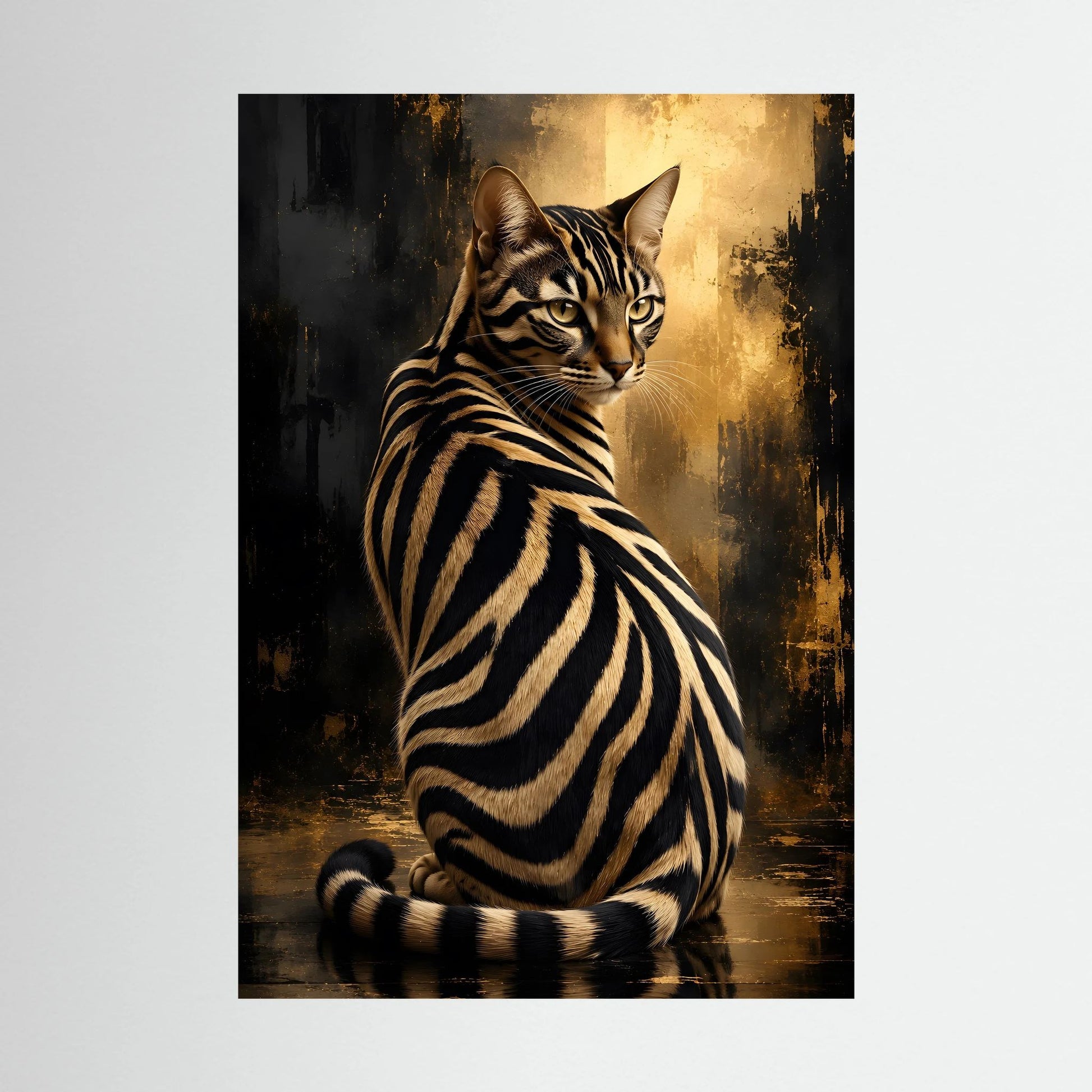 Poster mit Zebra-Katze im Schwarz-Gold-Look, sitzend, Vorderpfote im Vordergrund