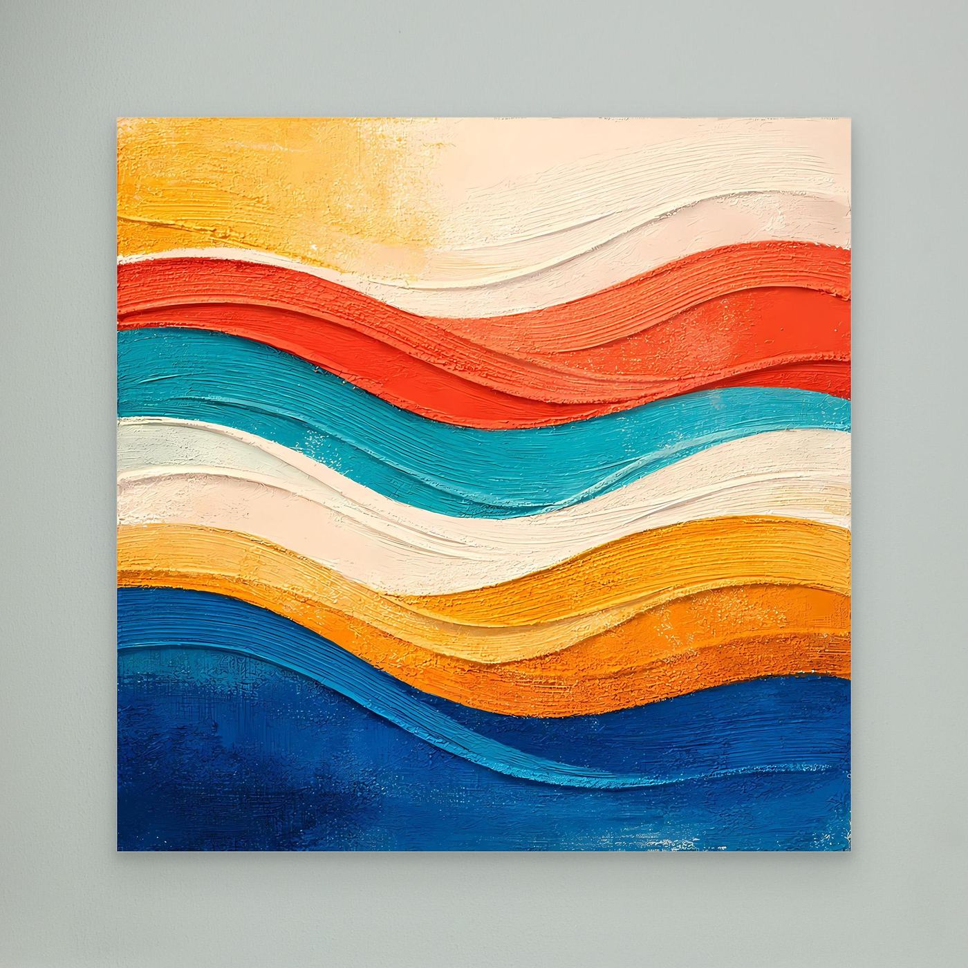 Abstraktes Leinwand-Wandbild mit Relief-Wellen in Gelb, Rot, Blau und Türkis, ungerahmt