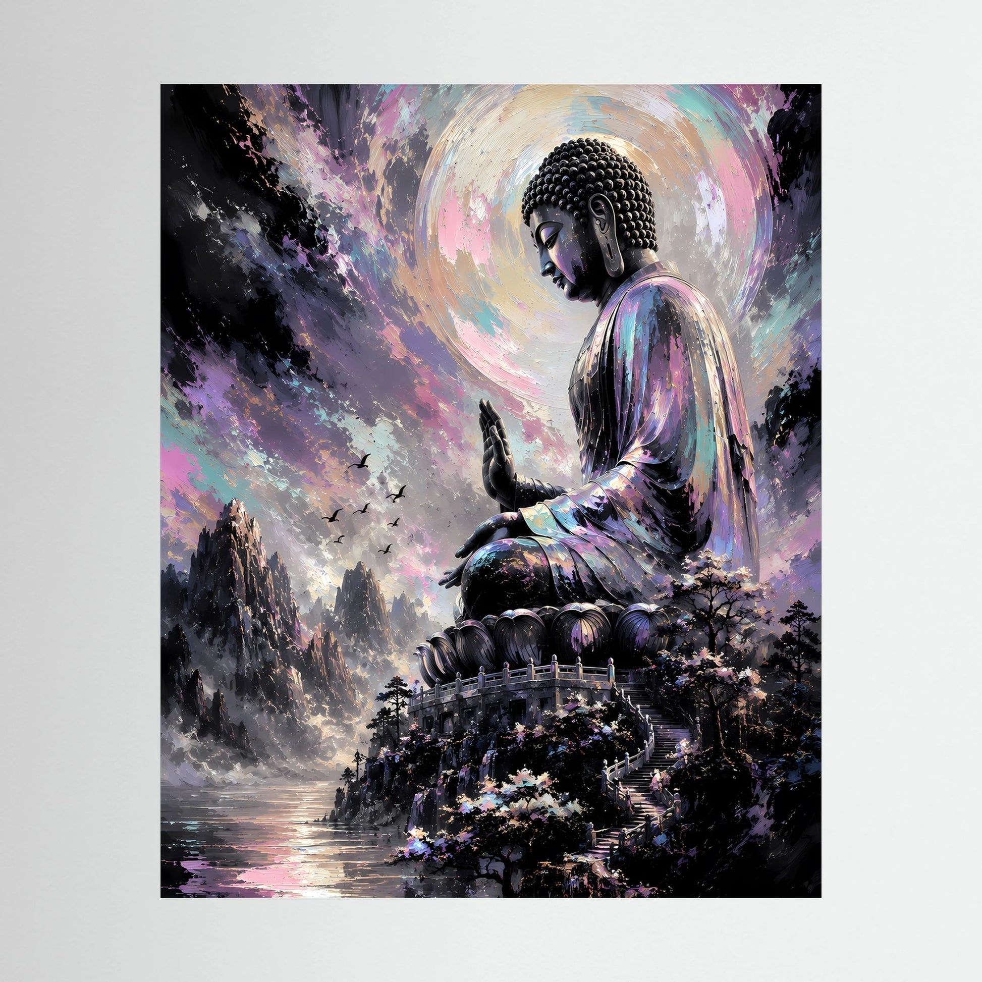 Kunstposter im Hochformat mit sitzendem Buddha in Pastellfarben und leuchtendem Halo
